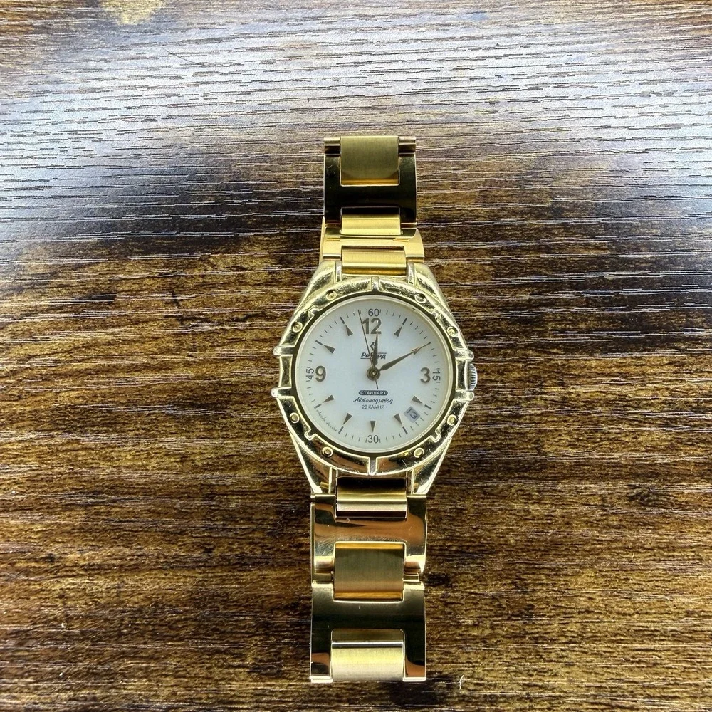 Vintage Russian Rekord Standart 23 Jewel Automatic Date Mens Watch Gold Tone